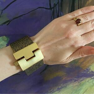 Leighelena Stingray Leather Jigsaw Cuff Bracelet Gold-Black-Brown